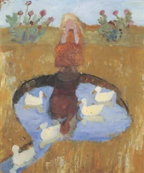 Niña en el estanque de patos